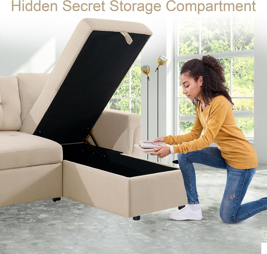 Naomi Home L Shaped Sectional Couch with Storage & Pull Out Bed – 3-in-1 Convertible Sleeper Sofa Bed, Small L Shape Sofa for Living Room, Sofa Bed with Storage Chaise in Beige, Velvet