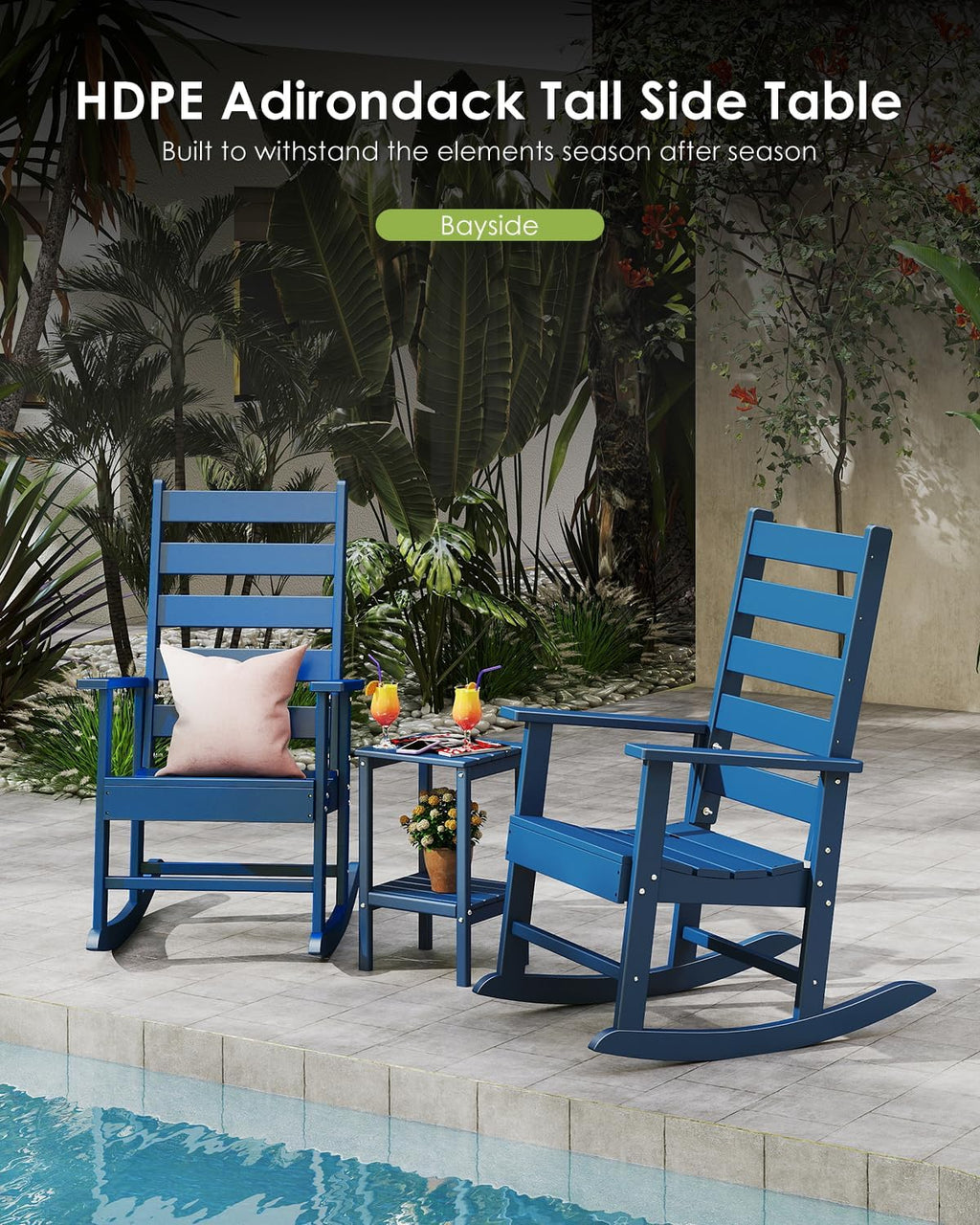 GREENVINES Tall-Outdoor-Side-Table Set of 2 | 23.5' | HDPE Plastic | Patio Adirondack End Tables | All Weather | 2-Tier | Blue | for Porch Garden Indoor & Rocking Chairs