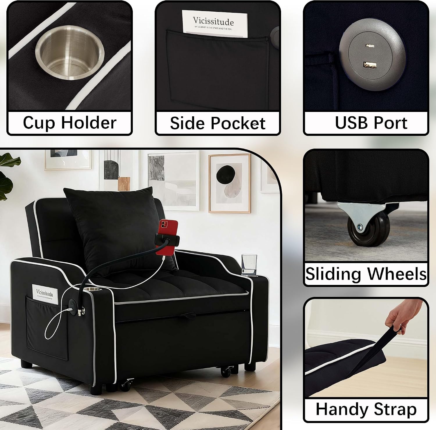 Convertible Armchair Sofa Bed with USB Port & Phone Holder, Pull-Out Single Chair Bed Sleeper for Small Spaces, Modern Upholstered Recliner Chair (Black)