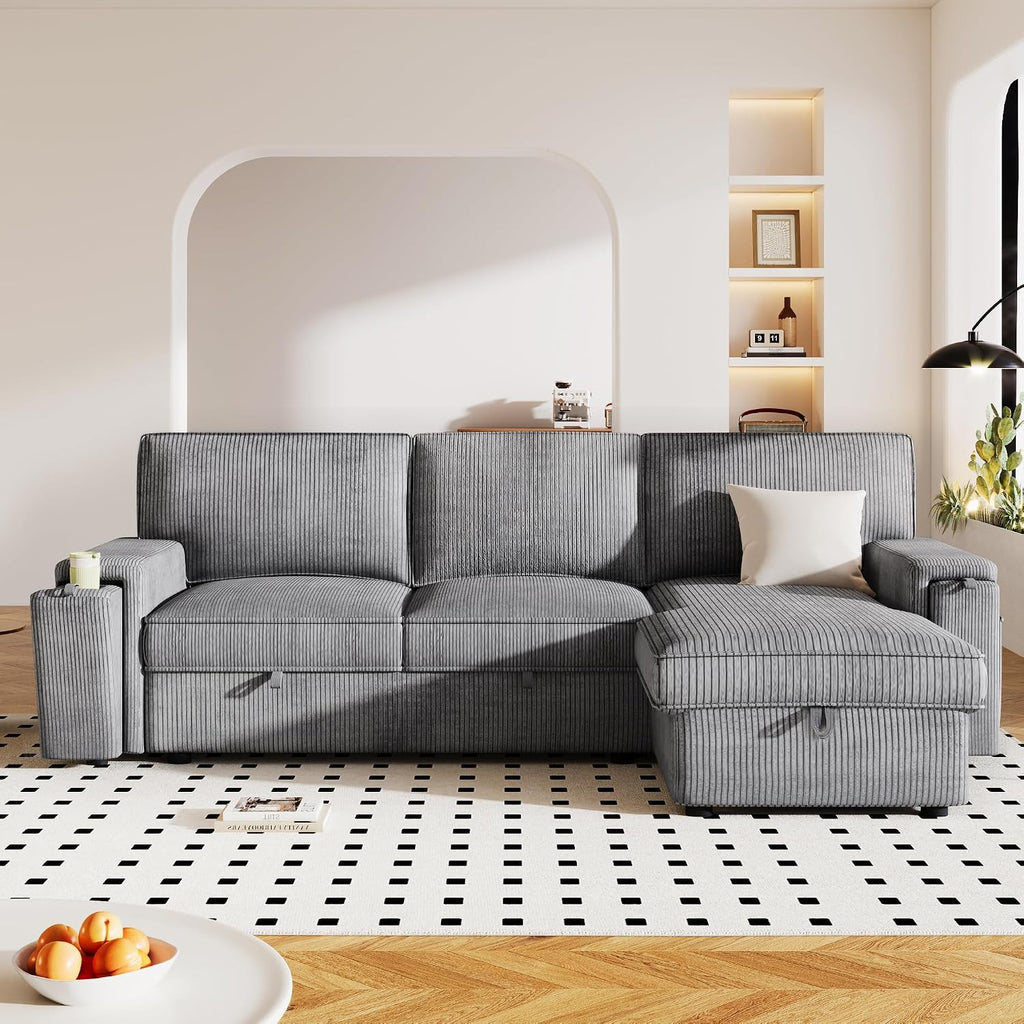 LUMISOL 96' Convertible Sectional Sofa with Pull Out Bed, Corduroy L-Shaped Sofa Bed with Storage Chaise, Sectional Sleeper Sofa with Cup Holders & Pockets for Living Room, Gray