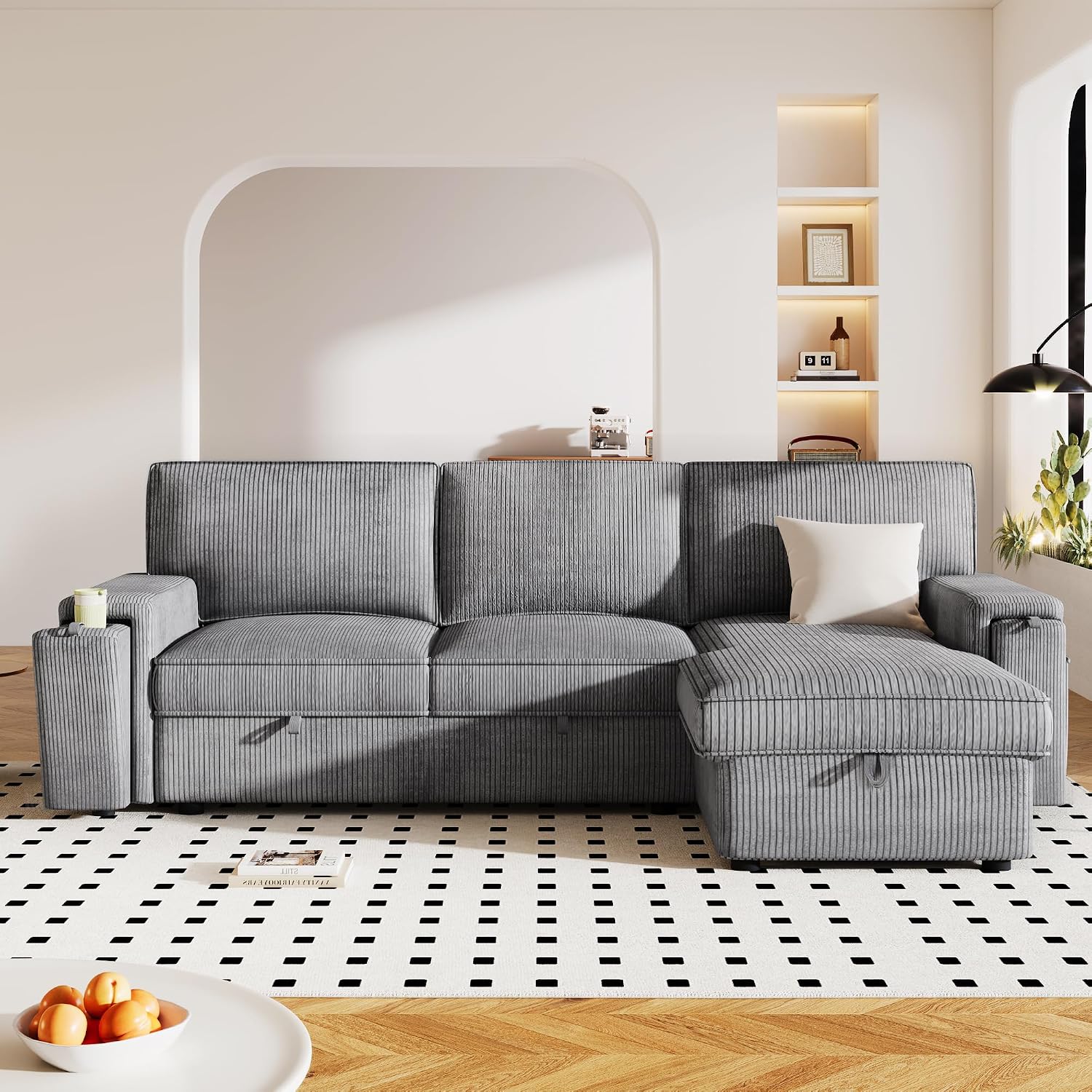 LUMISOL 96' Convertible Sectional Sofa with Pull Out Bed, Corduroy L-Shaped Sofa Bed with Storage Chaise, Sectional Sleeper Sofa with Cup Holders & Pockets for Living Room, Gray
