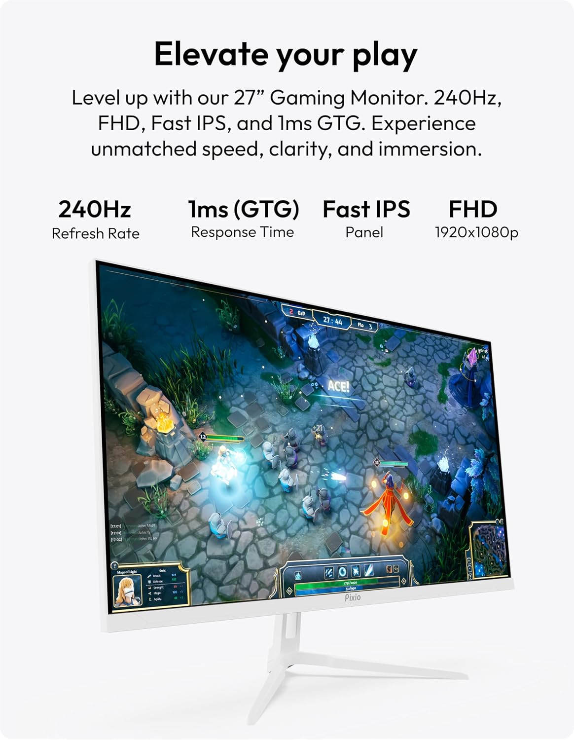 Pixio Two PX279 Wave White 27 inch 240Hz Refresh Rate FHD 1080p Resolution Fast IPS Panel 1ms GTG Resonse Time Gaming Monitor and PS1D Wave White Dual Monitor Arm