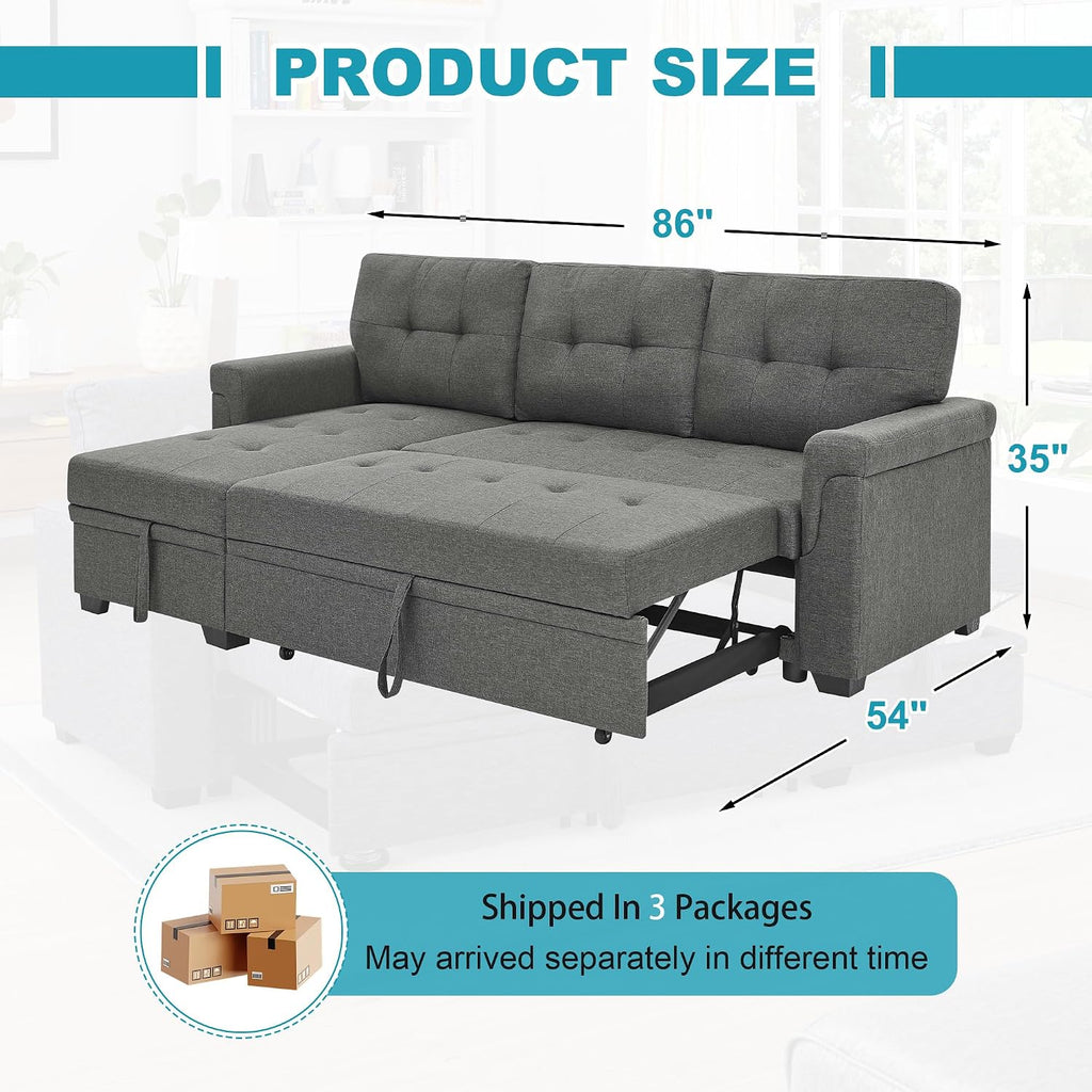 L Shaped 3 Seat Sofa Bed with Storage, 86' Sleeper Sofa Couch with Pull Out Chaise Sectional Couch for Apartment, Bedroom, Living Room, Gray