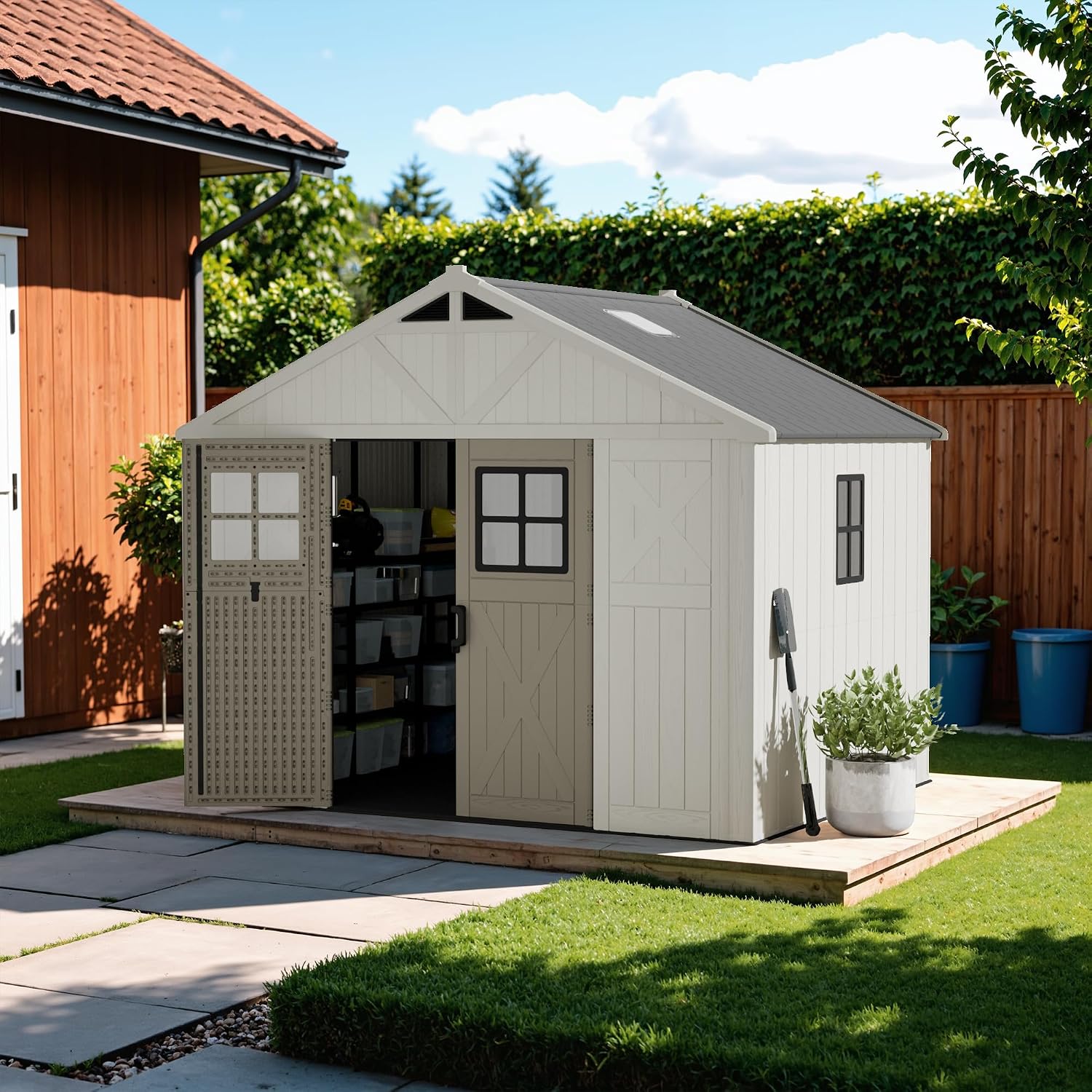 Devoko 10x8 FT Resin Outdoor Storage Shed with Floor for Patio Backyard Lawn, Beige