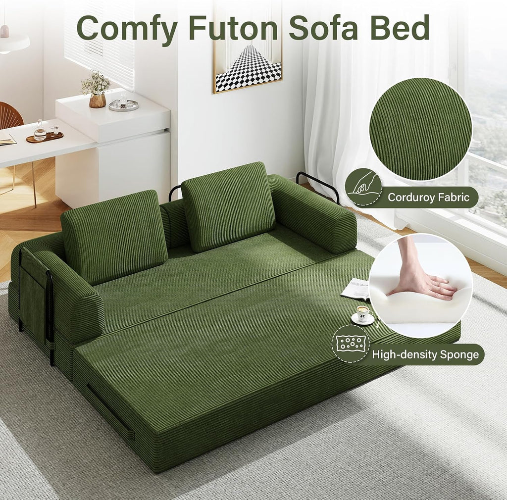 78'' Sleeper Couch Bed for Living Room, Convertible Modular Sofa with Fixed Frame and Side Pocket, Corduroy Futon Boneless Couches in a Box, No Assembly, Green
