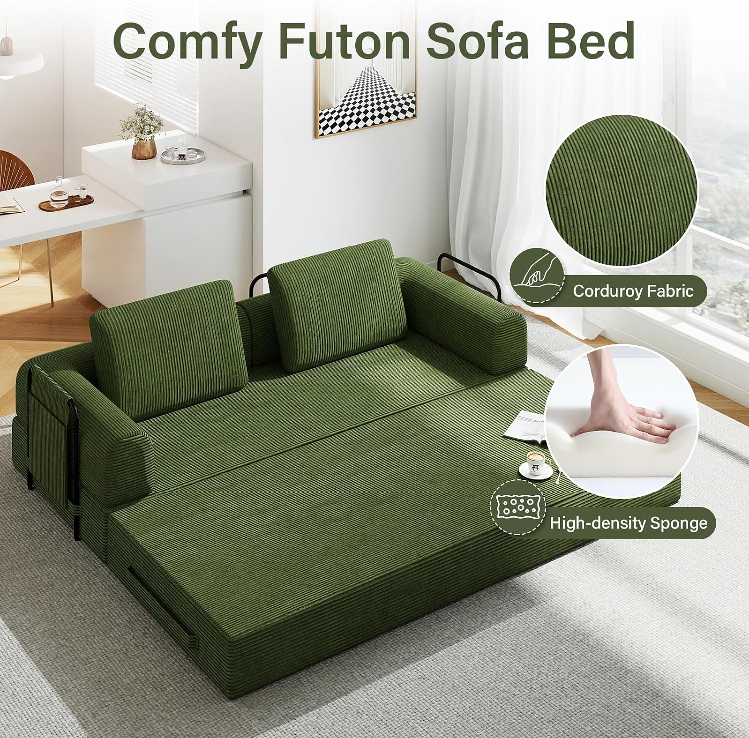 78'' Sleeper Couch Bed for Living Room, Convertible Modular Sofa with Fixed Frame and Side Pocket, Corduroy Futon Boneless Couches in a Box, No Assembly, Green