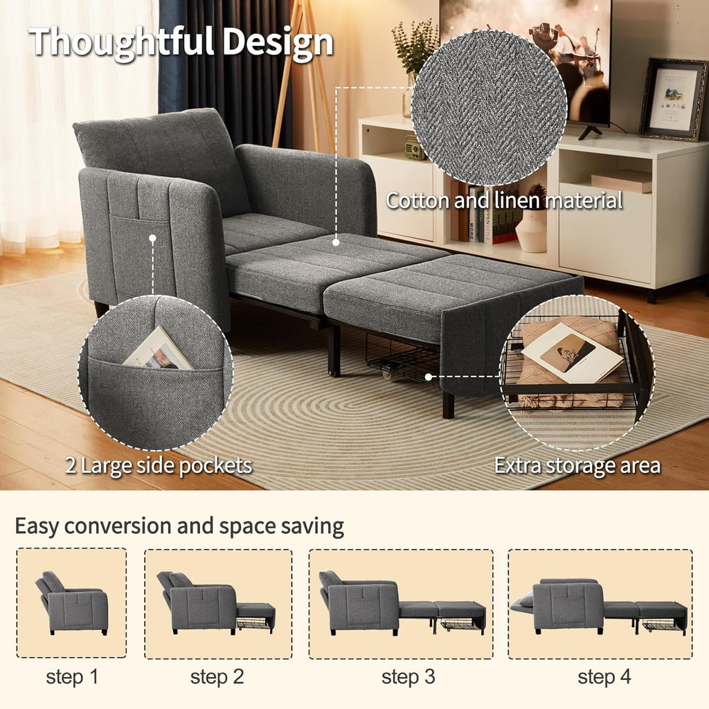 ZZW Sleeper Chair 84' Extra Long Convertible Chair Bed Upgraded 3-in-1 to 4-in-1 Pull Out Chair & Single Sofa Bed for Adult Sleeping Chair for Living Room & Small Space (Dark Grey)