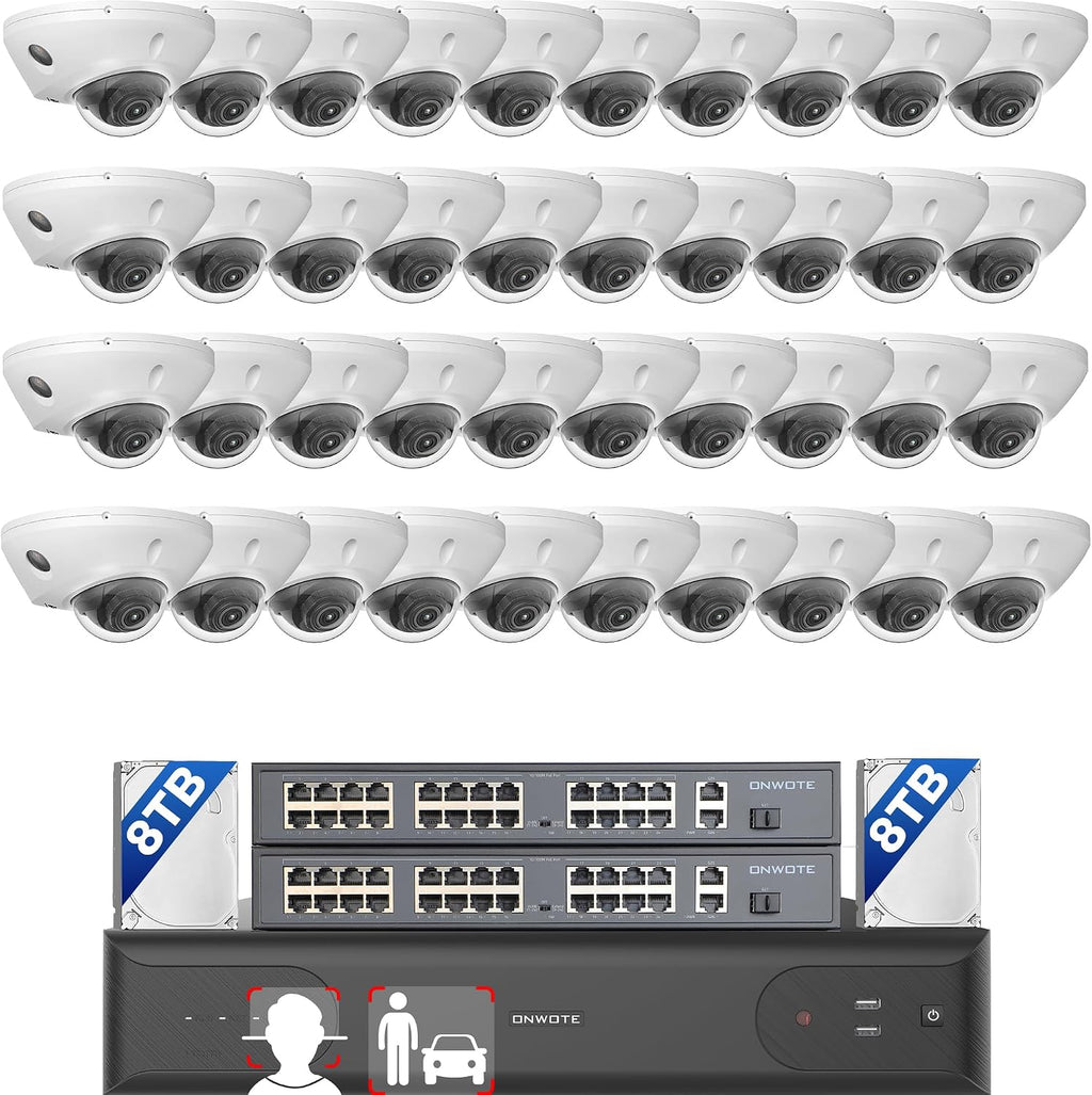 ONWOTE 64 Channel Security Camera System 32MP NVR, Face Recognition& AcuSearch, 2 HDMI Outputs Split Screen, 40x 4K PoE IP Cameras, AI Color Night, 64CH Commercial NVR 16TB, 8 HDD Ports Support 128TB