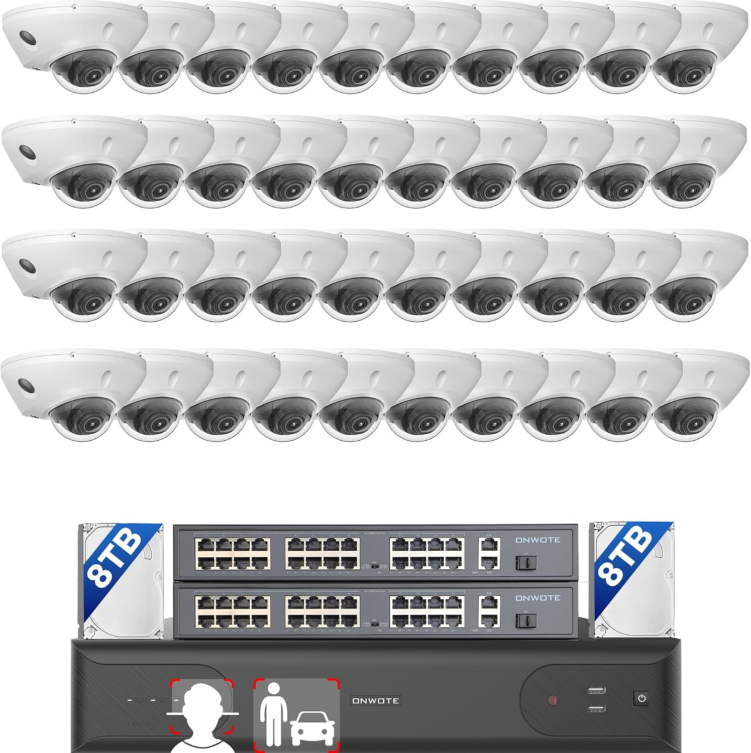 ONWOTE 64 Channel Security Camera System 32MP NVR, Face Recognition& AcuSearch, 2 HDMI Outputs Split Screen, 40x 4K PoE IP Cameras, AI Color Night, 64CH Commercial NVR 16TB, 8 HDD Ports Support 128TB