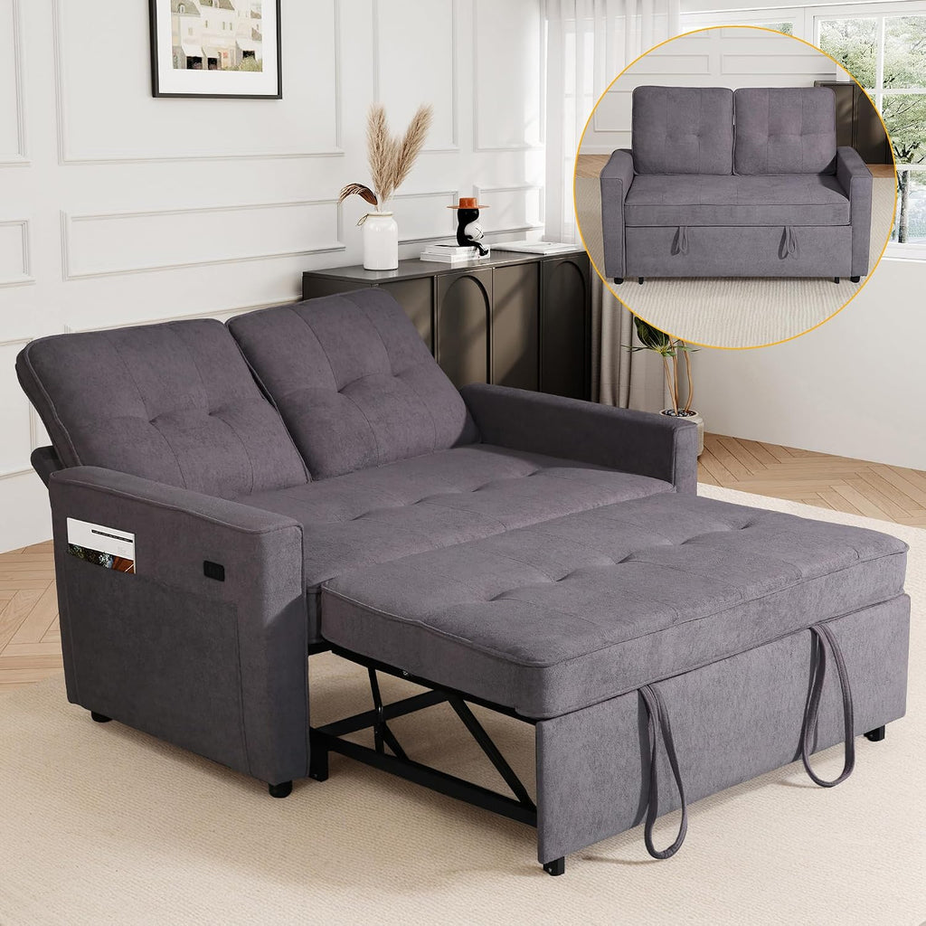 EJUNQ Pull Out Couch, Convertible Sofa Bed with USB and Reclining Backrest, Modern 3 in 1 Sleeper Sofa Couch Bed with Side Pockets, Comfortable Loveseat Sleeper for Small Spaces.((Gray)