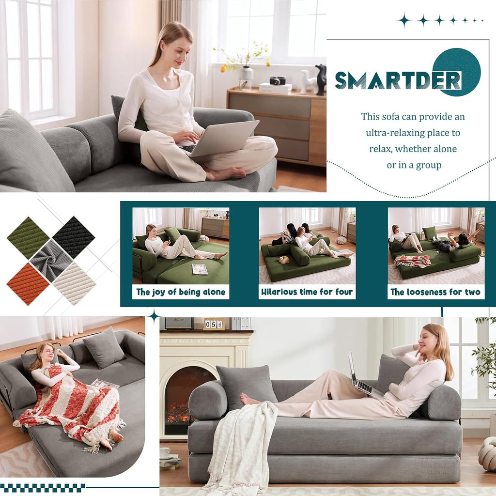 Convertible Folding Sofa Bed, Modular Floor Sofa with Removable Backrest, 3-Seater Fold Out Couch Bed with Pillows, King Size Futon Lazy Couch Corduroy Sleeper for Living Room, Dorm, Grey
