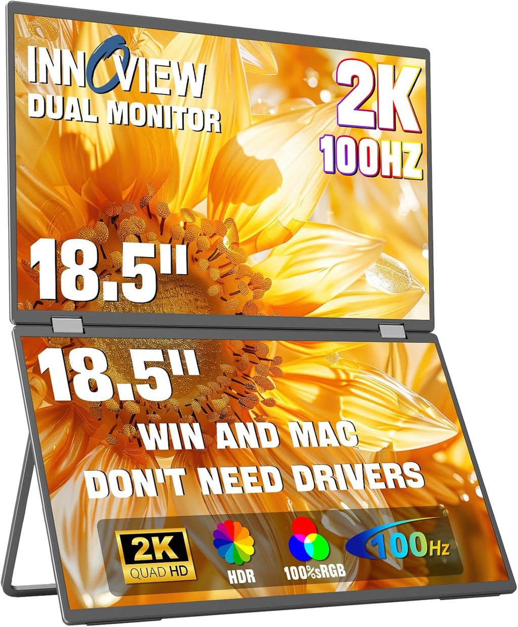 InnoView 18.5' Dual Portable Monitor 100Hz 2K 2560x1600P 100% sRGB Foldable & Stackable Design with 315° Screen Adjustment | DP/USB-C/HDMI, Second Monitor for Laptop, Mac, Windows