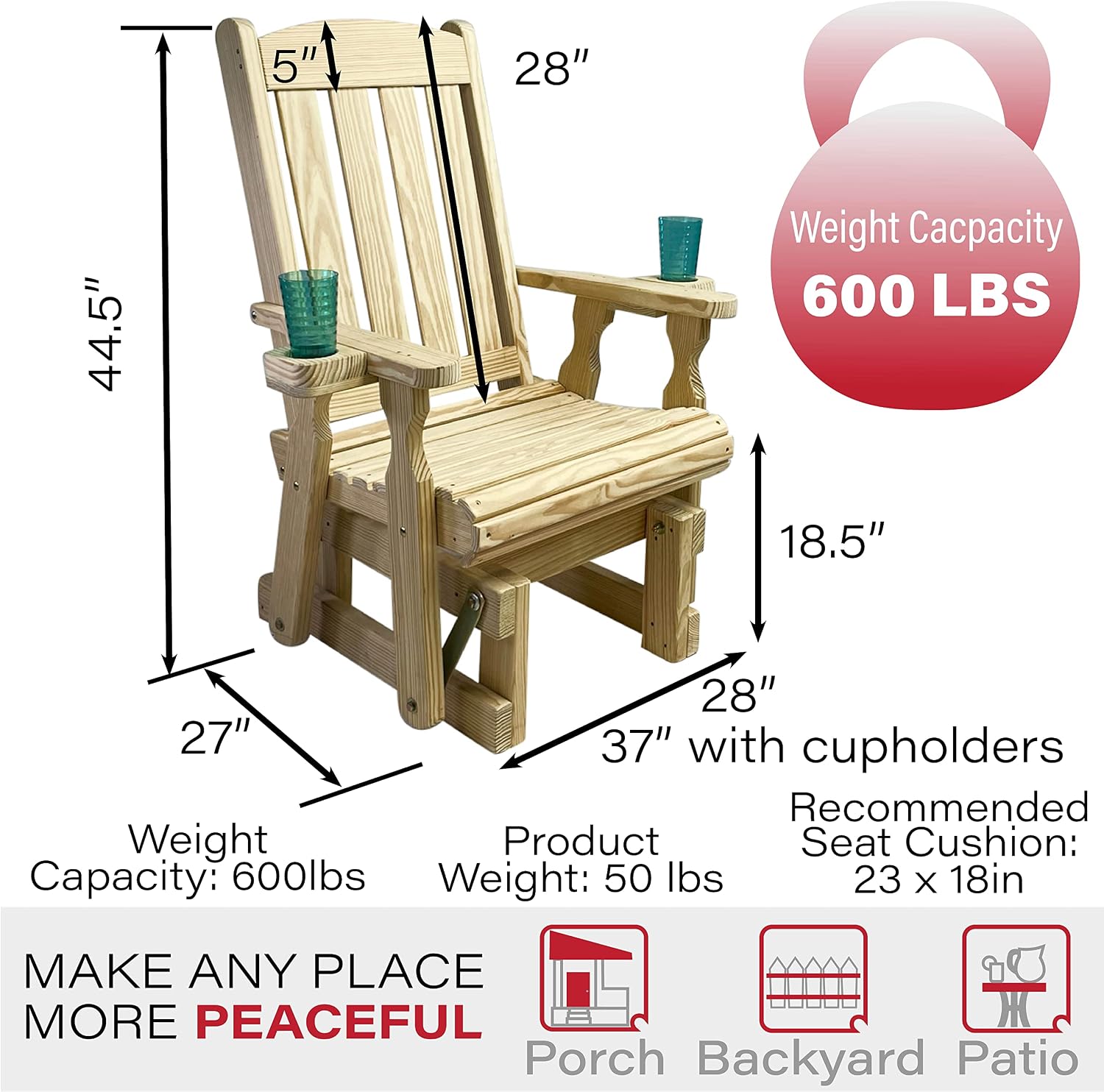 Amish Casual Heavy Duty 600 Lb Mission High Back Treated Glider Chair with Cupholders (Unfinished)