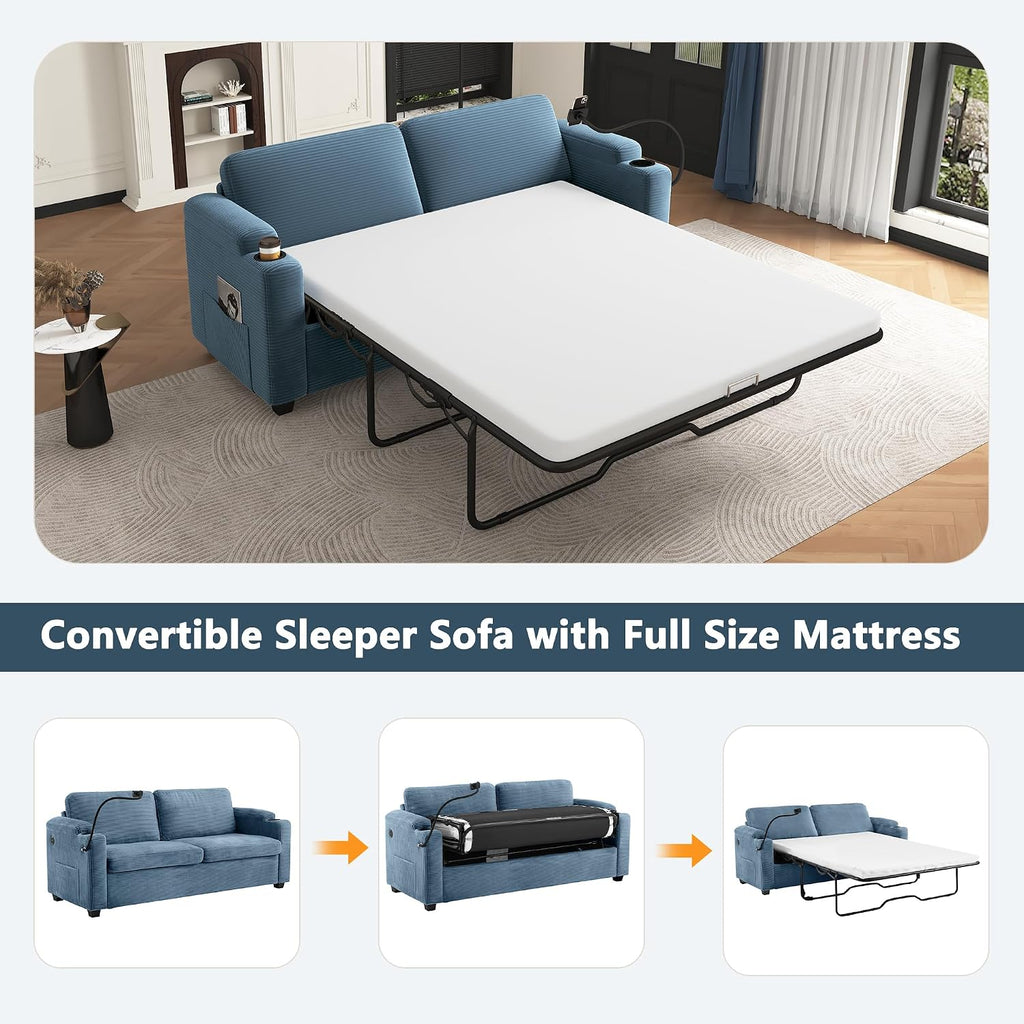 Merax Modern Corduroy Sleeper Sofa Bed with Full Size Mattress, Futon Couches with USB Ports | Phone & Cup Holders| Side Pockets,Pull Out Couch for Living Room, Small Loveseat, Navy Blue