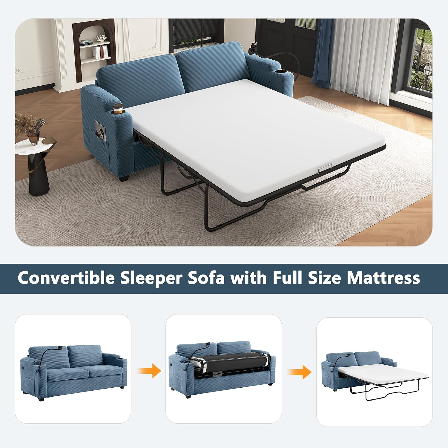 Merax Modern Corduroy Sleeper Sofa Bed with Full Size Mattress, Futon Couches with USB Ports | Phone & Cup Holders| Side Pockets,Pull Out Couch for Living Room, Small Loveseat, Navy Blue
