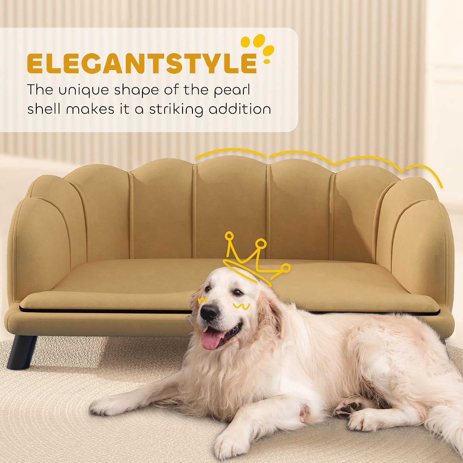 PawHut Velvet Large Dog Couch with Foam Cushion, Soft and Cute Dog Bed with Pearl Design, Pet Sofa for Big and Medium Breeds, Coffee