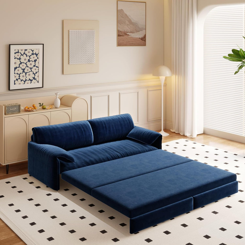 66' Sleeper Sofa Bed Queen Size, 3-in-1 Convertible Couch, Modern Pull Out Couches, Comfy Velvet Futon Sofa, Cloud Loveseat Lounge, Pillow Arm, for Small Spaces, Living Room, Apartment, Blue