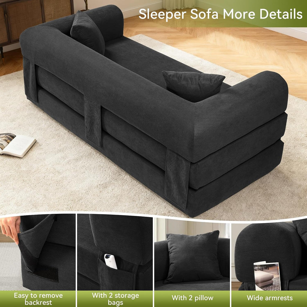 Convertible Futon Sofa Bed,80' Folding Pull Out Couch Bed with Pillows & Storage,Queen Sleeper Sofa Bed,Compressed Couch in a Box,Corduroy Boneless Couches for Living Room,Deep Gray