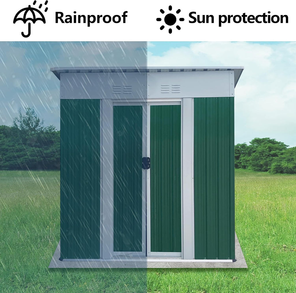 5FT x 3FT Metal Storage Shed – Green Outdoor Lean-to Shed, Galvanized Steel & Aluminum Alloy, Lockable Sliding Door for Garden Tools, Pet House, Pool Toys & More