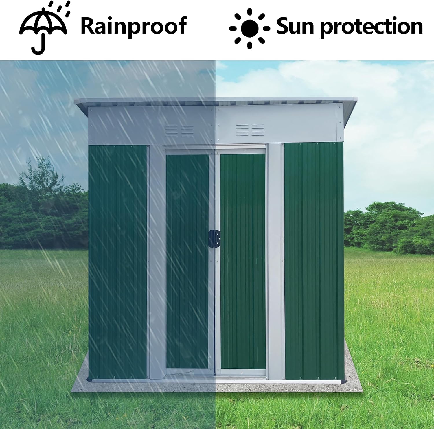 5FT x 3FT Metal Storage Shed – Green Outdoor Lean-to Shed, Galvanized Steel & Aluminum Alloy, Lockable Sliding Door for Garden Tools, Pet House, Pool Toys & More