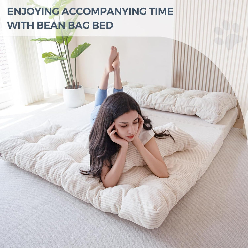 MAXYOYO Folding Sofa Bed, Tufted Bean Bag Bed with Pillows Floor Mattress for Adults, Extra Thick and Long Floor Sofa, Twin Floor Couch Bed for Bedroom Living Room, Beige, 39x91 Inch