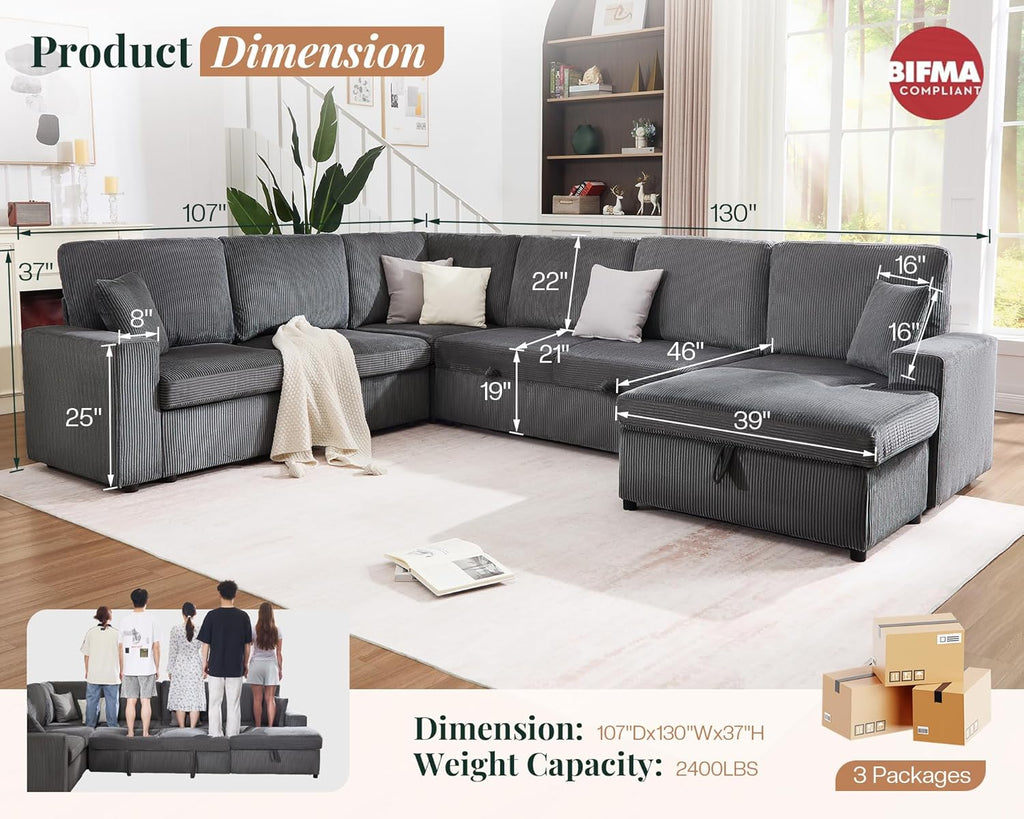 Jocisland 130' Sofa Bed, Sleeper Sofa, Pull Out Sleeper Couch with Storage, Convertible 6-Seater Sofa Bed for Living Room, Corduroy Grey