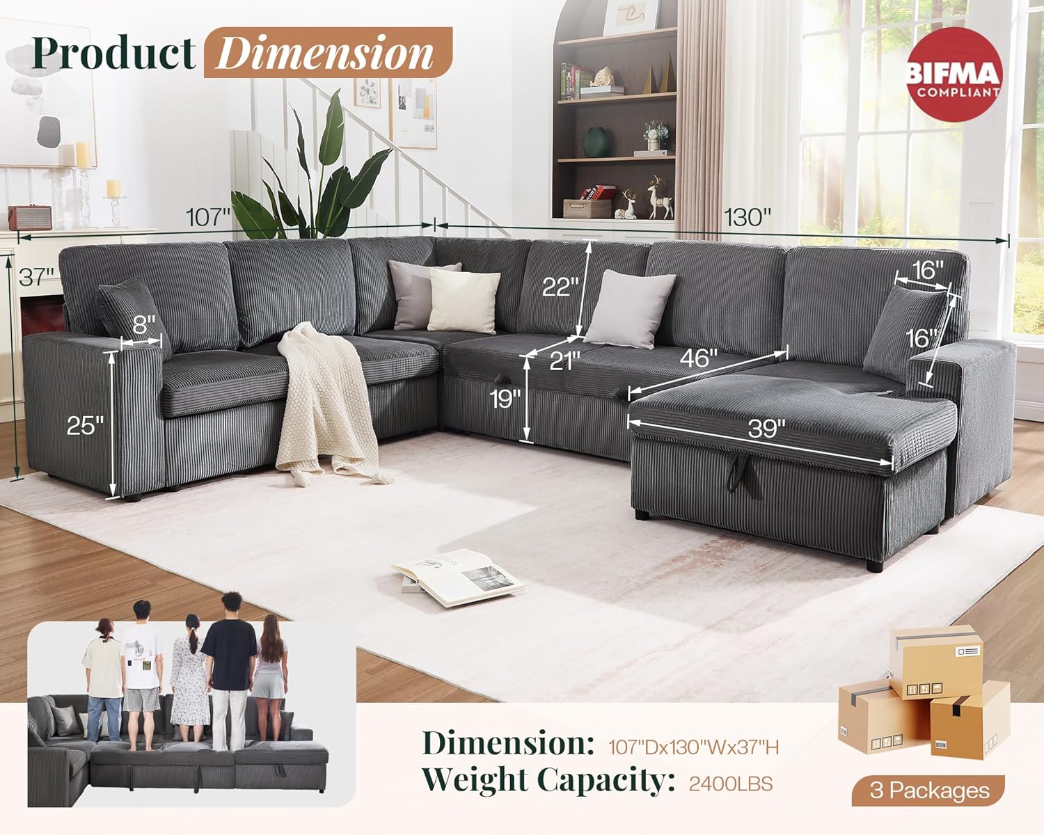 Jocisland 130' Sofa Bed, Sleeper Sofa, Pull Out Sleeper Couch with Storage, Convertible 6-Seater Sofa Bed for Living Room, Corduroy Grey