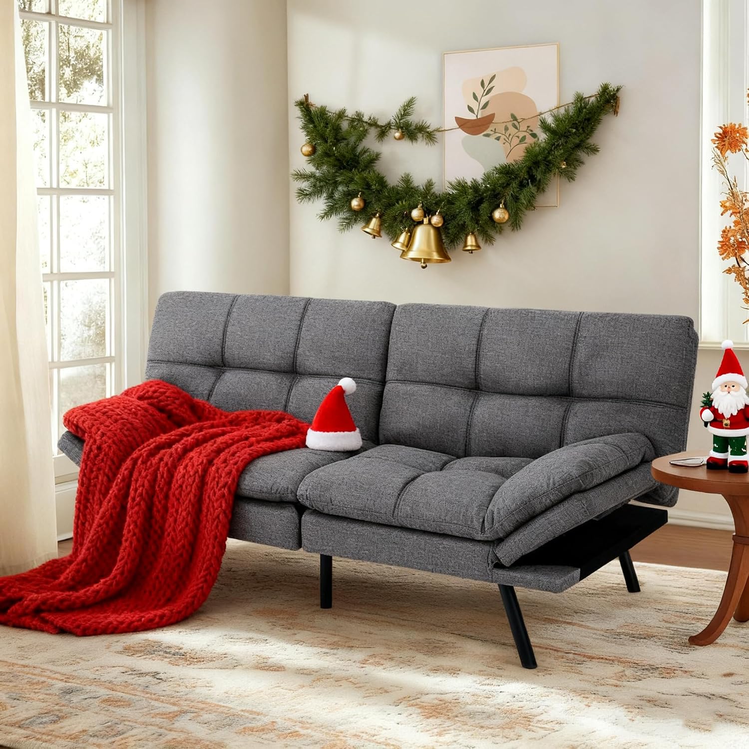 MUUEGM 71-Inch Convertible Futon Sofa Bed with Adjustable Backrest & Removable Armrests, Foldable Sleeper Loveseat for Small Space Living Room, Studio Apartment, Home Office，Light Gray