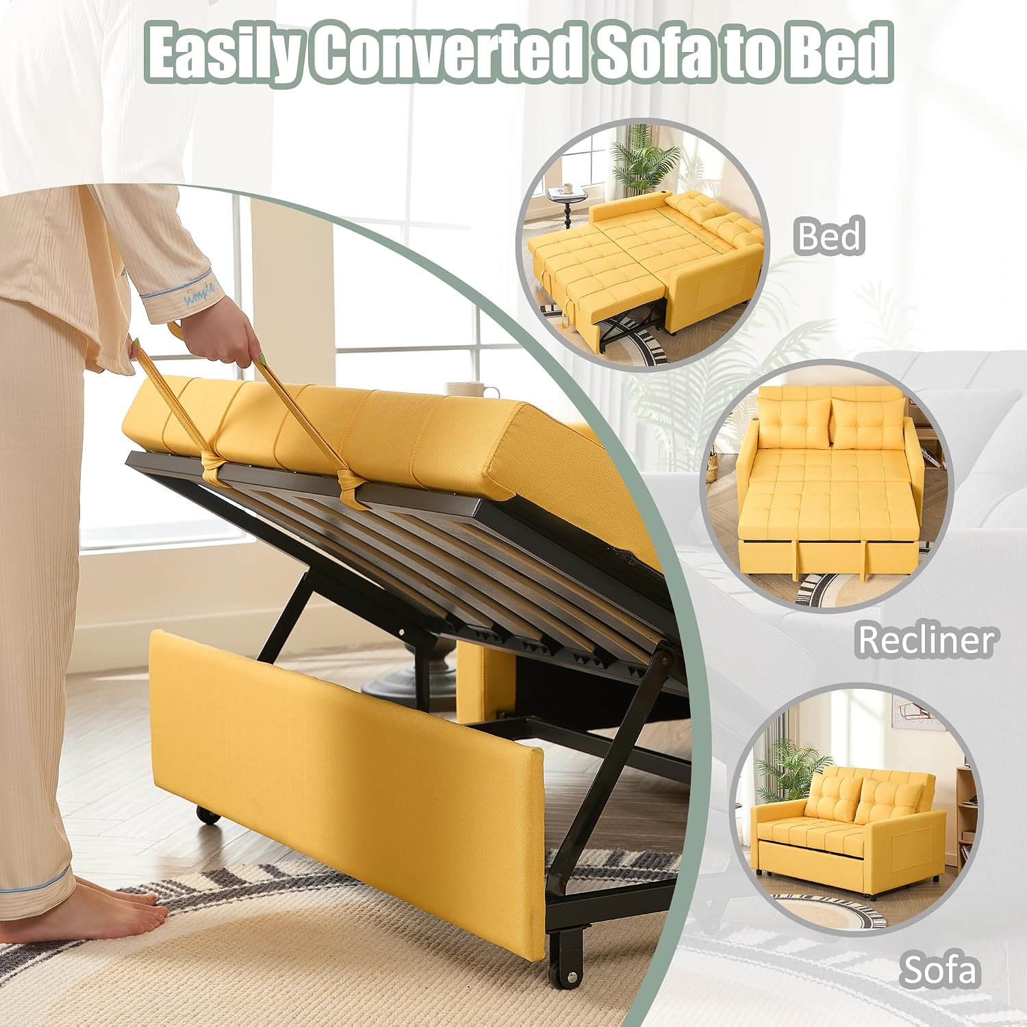 GOSUHI 52' Sleeper Sofa with Pull-Out Bed, 3-in-1 Convertible Sofa Bed, Set of Loveseat with Stepless Adjustable Backrest and Side Pocket, for Living Room Dorm Apartment, Linen, Yellow