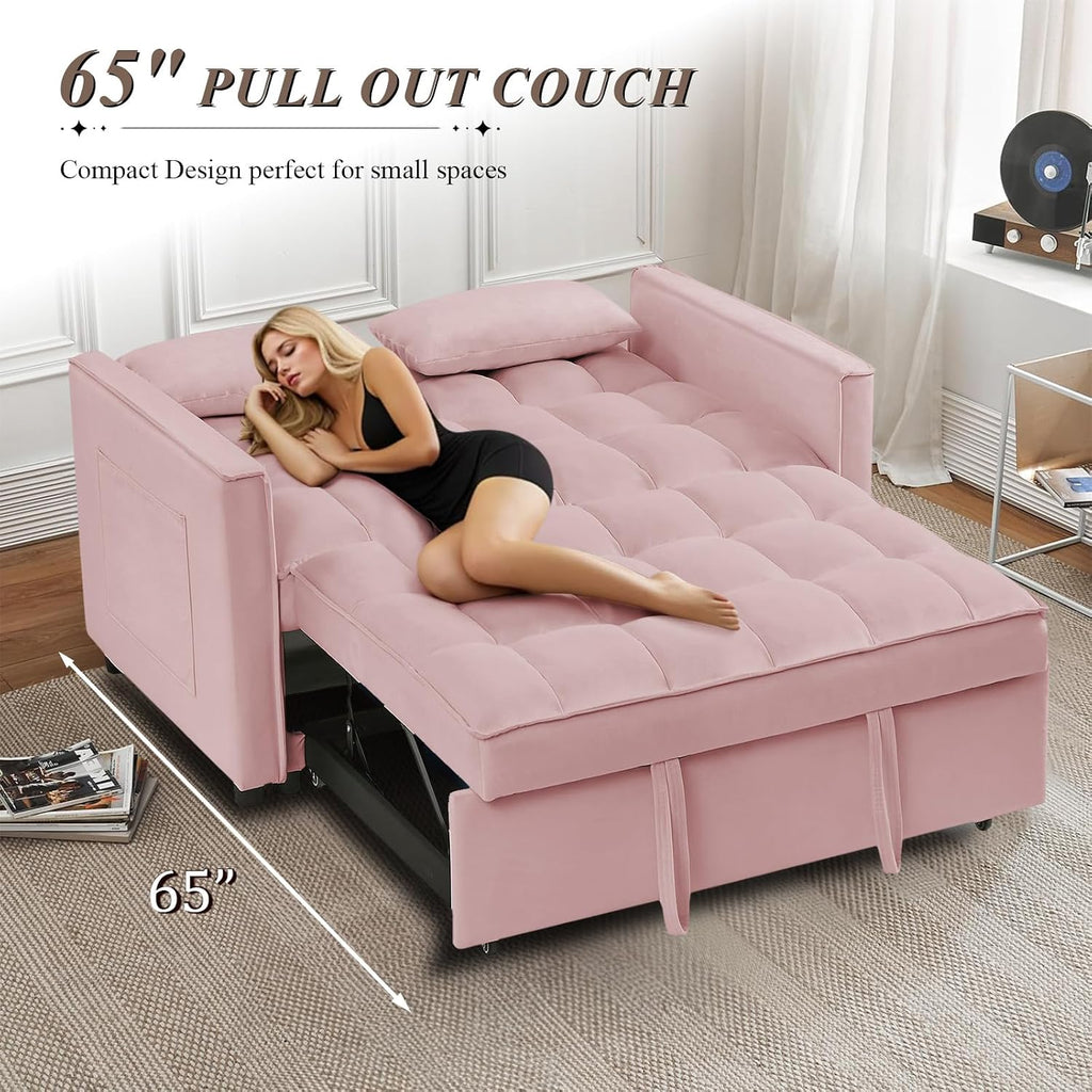 3 in 1 Convertible Sleeper Sofa Bed, Futon Couches for Living Room with Side Pocket/Adjustable Backrest, Velvet Upholstered Pull Out Couch, Small Loveseat Sofa Bed for Bedroom Office Small Spaces
