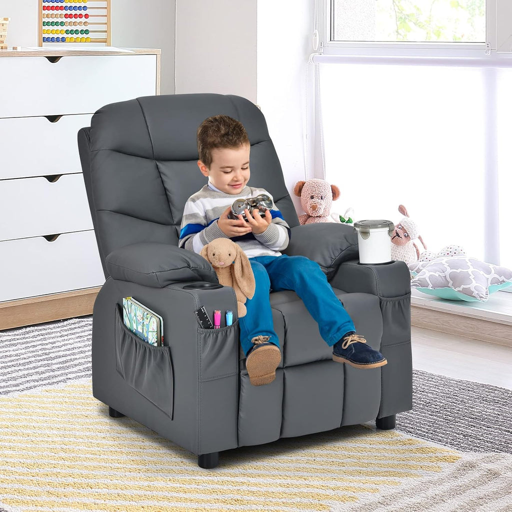 GLACER Kids Recliner Chair w/Cup Holder & Side Pockets, Children Recliner w/Comfortable Backrest, Armrests & Footrest, Toddler PU Leather Recliner for Boys Girls, 3+ Age Group (Grey)