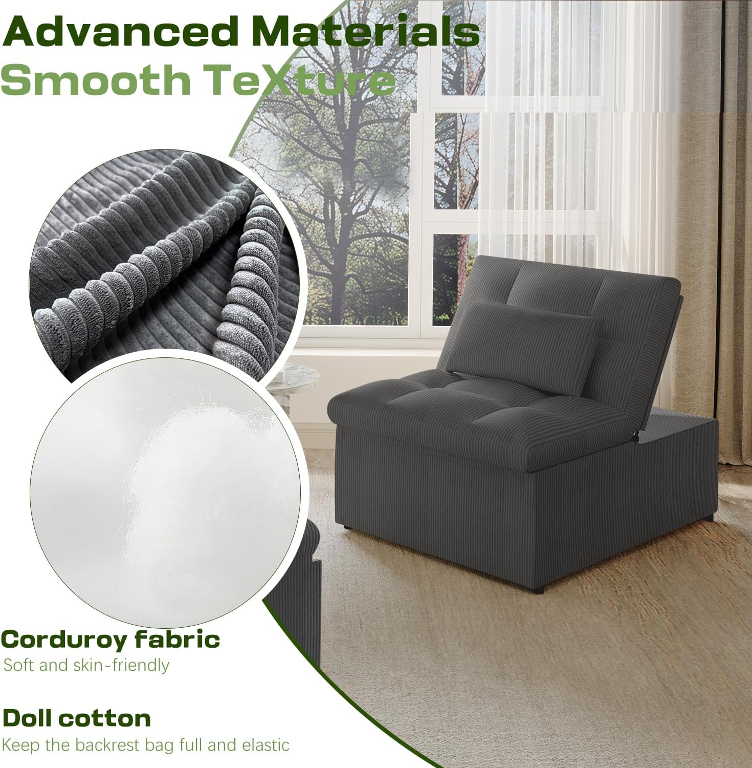 4-in-1 Convertible Sleeper Chair Bed with Adjustable Backrest Pillows Futon Sofa Bed with Side Pocket Sleeper Sofa Chair Pull Out Couches for Living Room Small Space, Charcoal