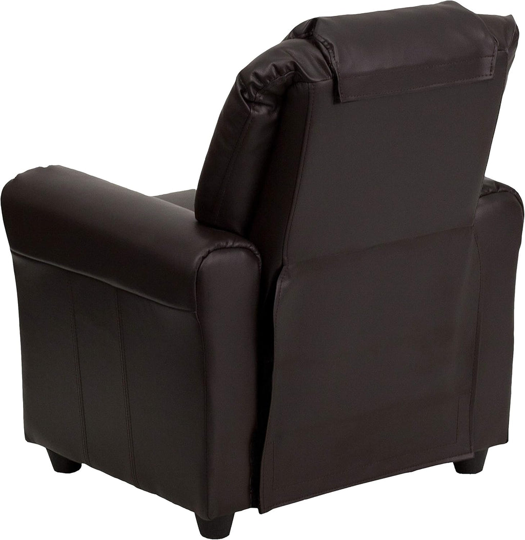 EMMA + OLIVER Brown LeatherSoft Kids Recliner with Cup Holder and Headrest