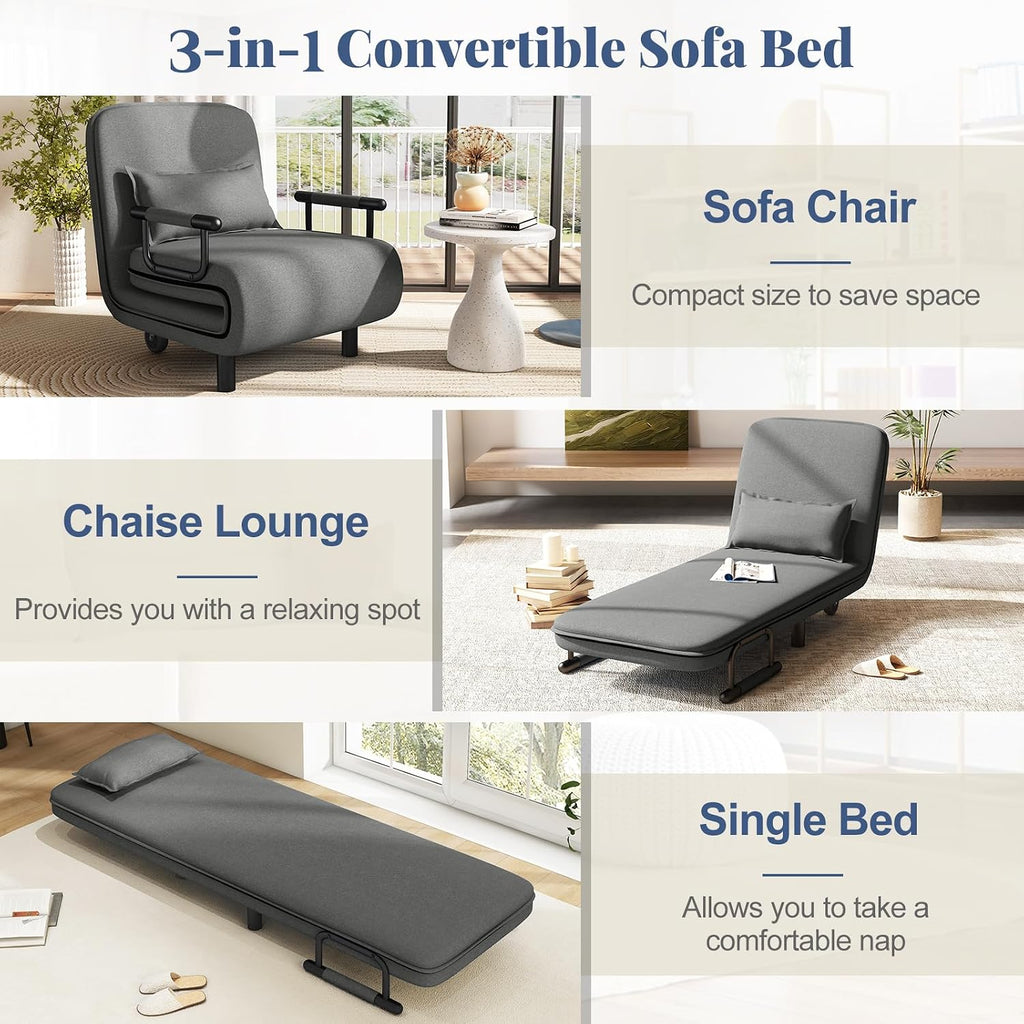 Giantex Convertible Sofa Bed, 3-in-1 Folding Sleeper Chair with 5-Position Adjustable Backrest, Wheels, 2 Legs, Recliner Chaise Lounge with Pillow, Armchairs for Nursery Living Room Office (Gray)