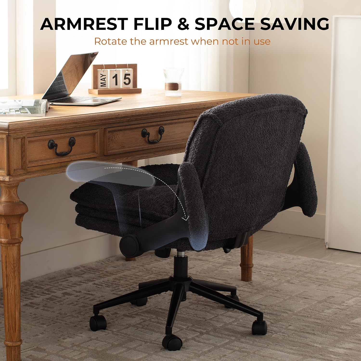 Dowinx Criss Cross Chair with Adjustable Flip-up Arms and Wheels, Comfort Ergonomic Office Desk Armchair with 3 Layer Cushions, Wide Seat Vanity Chair for Home Office, Living Room, Bedroom, Black