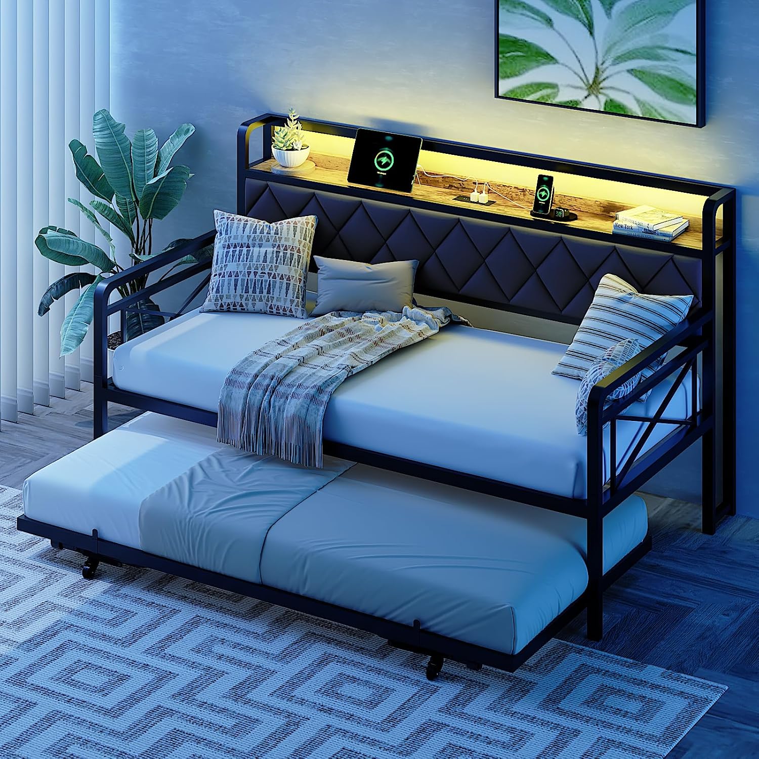 VINGLI Full Daybed with Trundle Bed, Upholstered Day Bed with LED Light & Charing Station, Sofa Bed Frame with Storage Headboard and Heavy Duty Metal Slats, for Living Room, Bedroom, Guest Room, Gray
