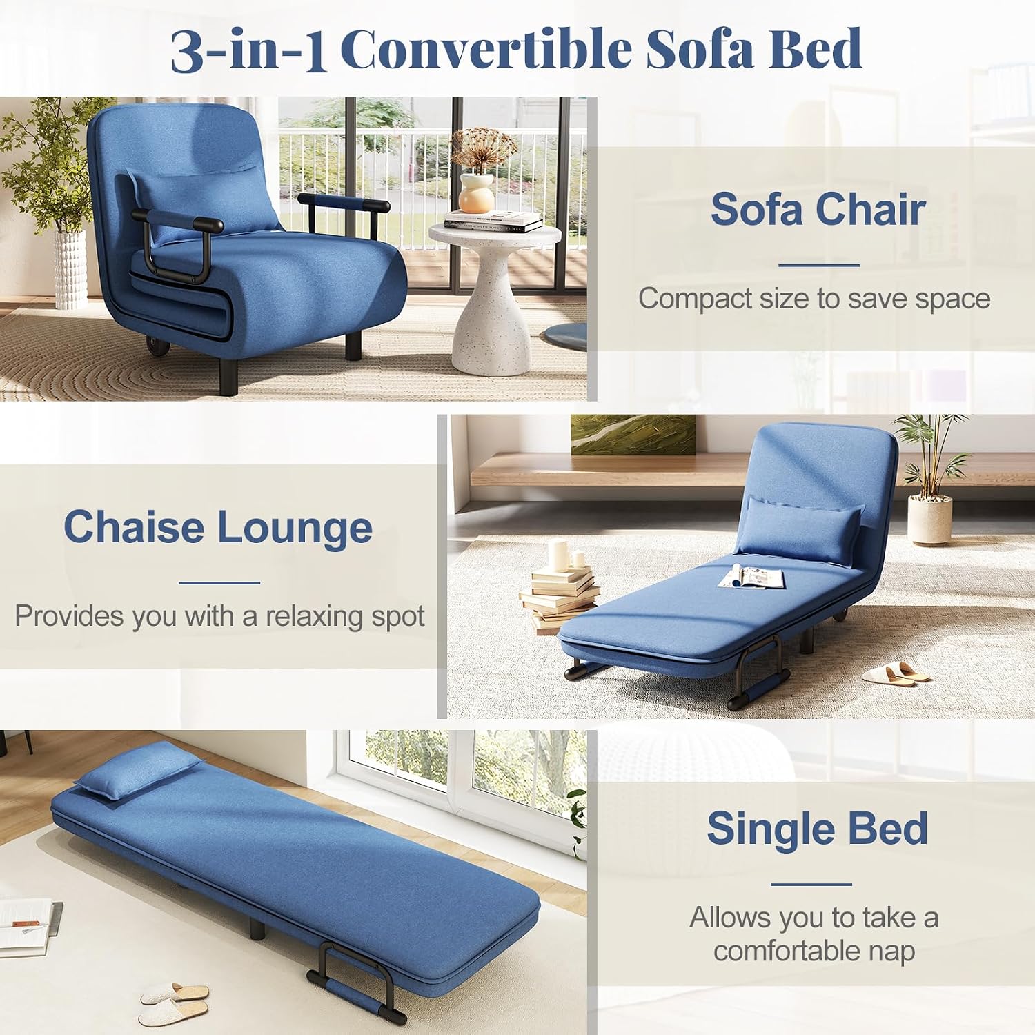 Giantex Convertible Sofa Bed, 3-in-1 Folding Sleeper Chair with 5-Position Adjustable Backrest, Wheels, 2 Legs, Recliner Chaise Lounge with Pillow, Armchairs for Nursery Living Room Office (Blue)