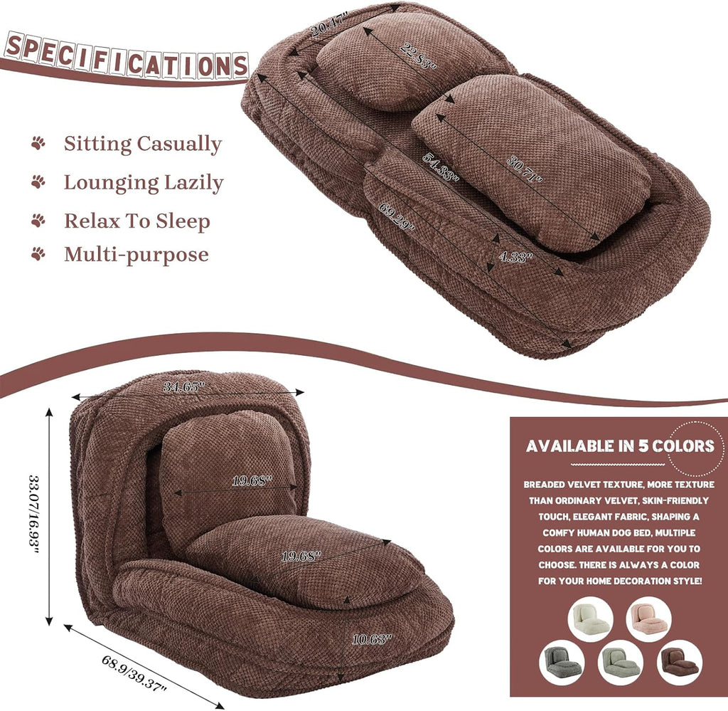 Upholstered Human Dog Bed for Adult & Pets, Convertible Lazy Sofa Bed with 5 Adjustable Position, Comfy Tatami Bean Bag Lounge Chair with 2 Soft Pillows for Bedroom Living Room Office (Brown)