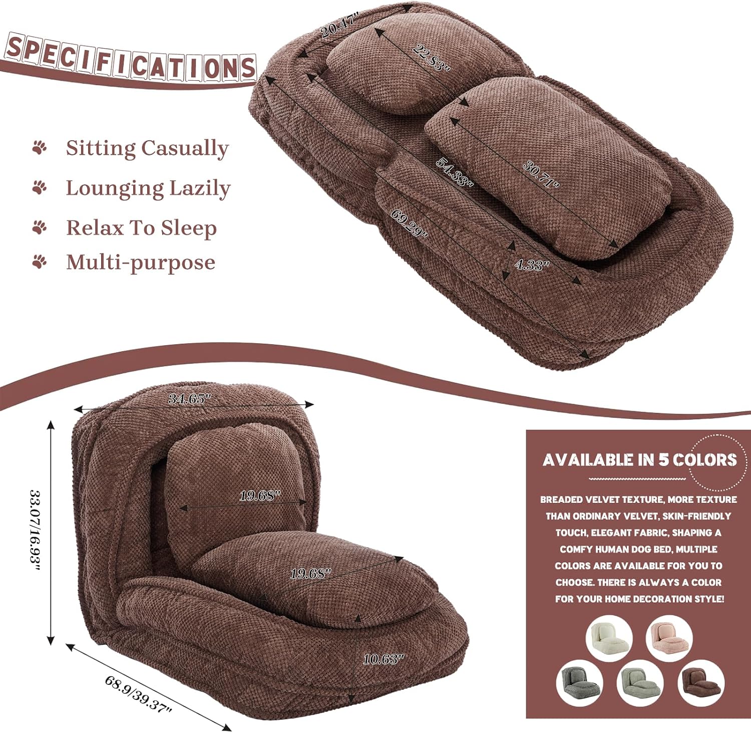 Upholstered Human Dog Bed for Adult & Pets, Convertible Lazy Sofa Bed with 5 Adjustable Position, Comfy Tatami Bean Bag Lounge Chair with 2 Soft Pillows for Bedroom Living Room Office (Brown)