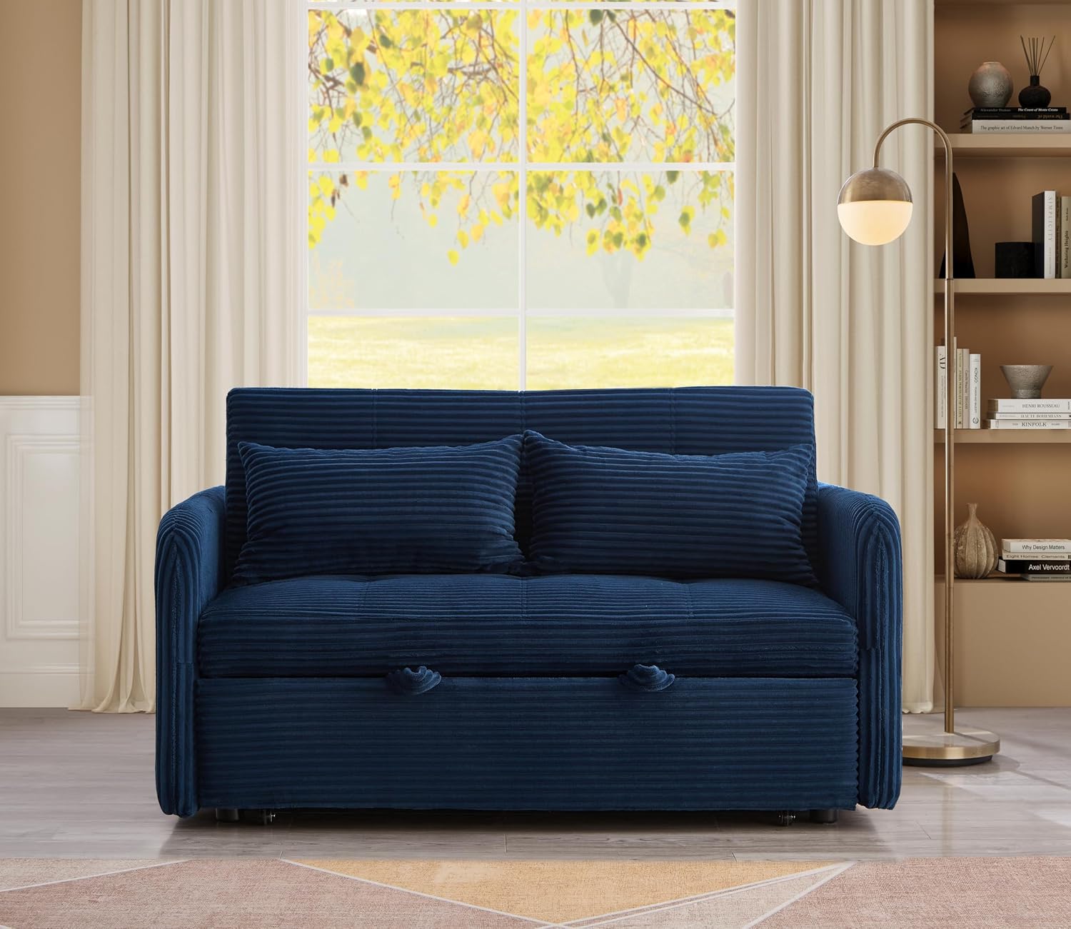 55.5' Corduroy Convertible Sofa Bed, Pull Out Sleeper Sofa Bed, Loveseat Couch with USB Charging Ports, 3 in 1 Convertible Sleeper Sofa Bed for Living Room, Apartment, Bedroom, RV, Blue