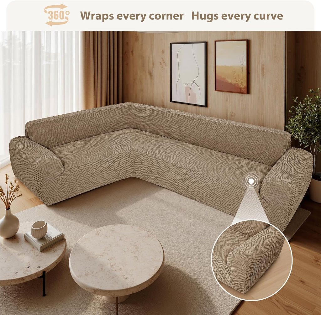 Sectional Couch Covers L Shape Sofa Cover 1-Piece Stretch Corner Couch Covers Non Slip Washable Sofa Slipcovers Soft Fleece Furniture Protector for Dogs Pet (Medium, Khaki)