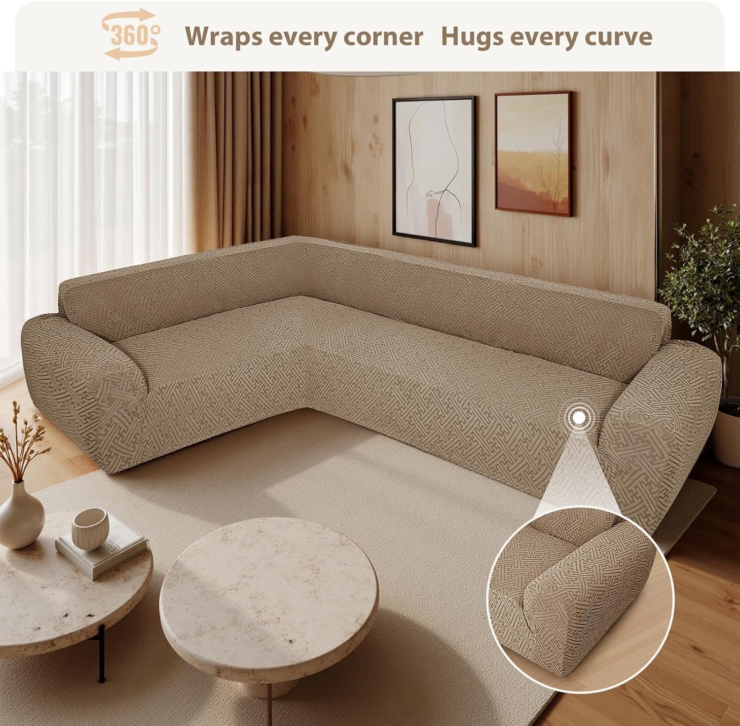 Sectional Couch Covers L Shape Sofa Cover 1-Piece Stretch Corner Couch Covers Non Slip Washable Sofa Slipcovers Soft Fleece Furniture Protector for Dogs Pet (Medium, Khaki)