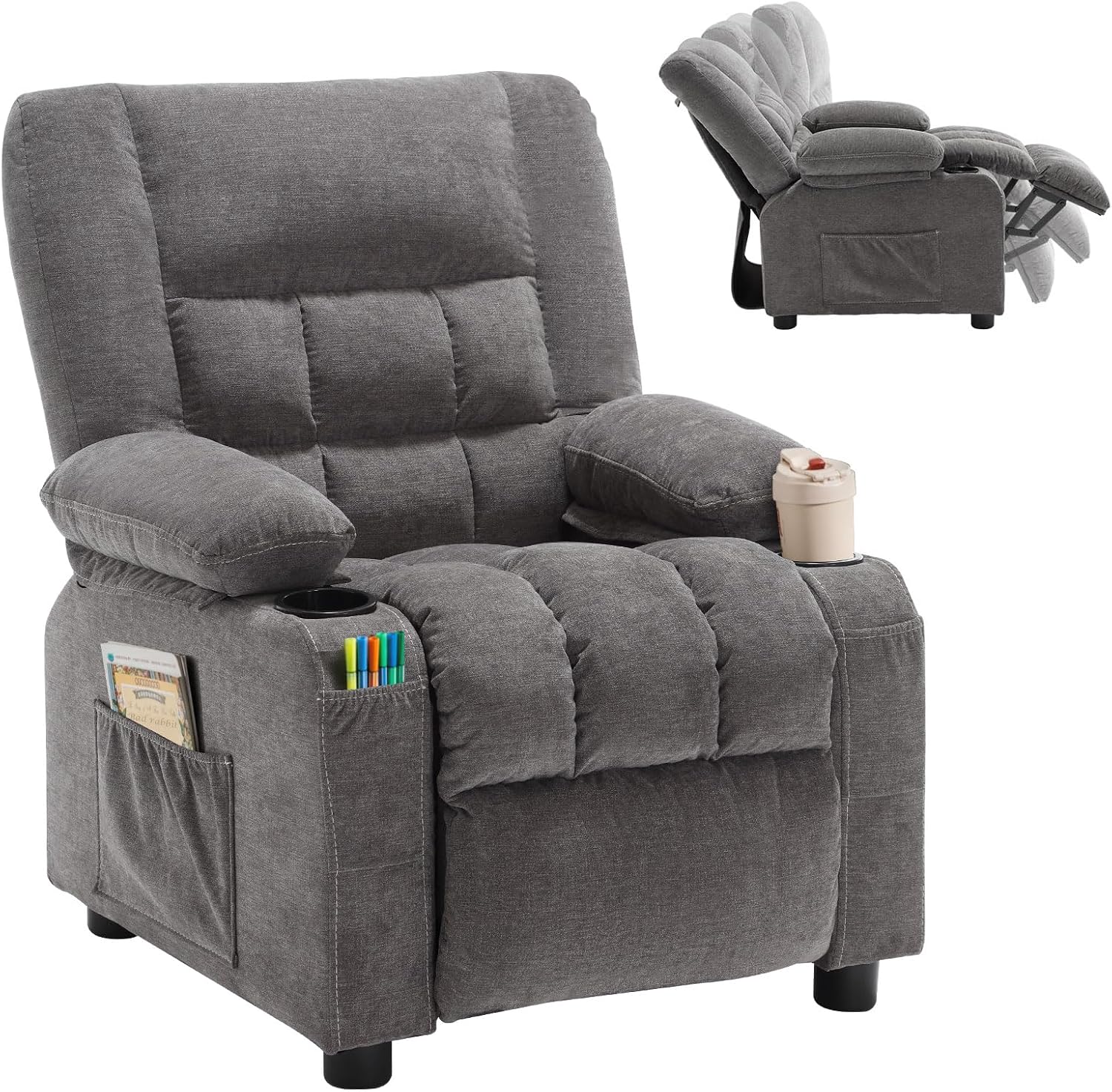 BOSMILLER Kids Recliner Chair， Push Back Toddler Recliner with Cup Holders & Side Pockets， Adjustable Footrest & Headrest Kids Sofa for Boys Girls 3+ Age Group