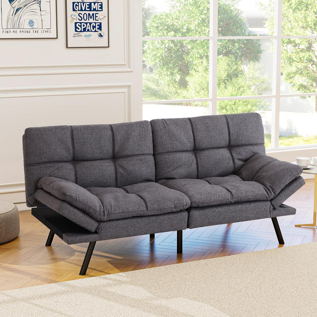 Opoiar Futon Sofa Bed Modern Memory Foam Sleeper Sofa Convertible Grey Couch Adjustable Armrest&Backrest Leather Futon for Living Space,Apartment,Office Sofabed