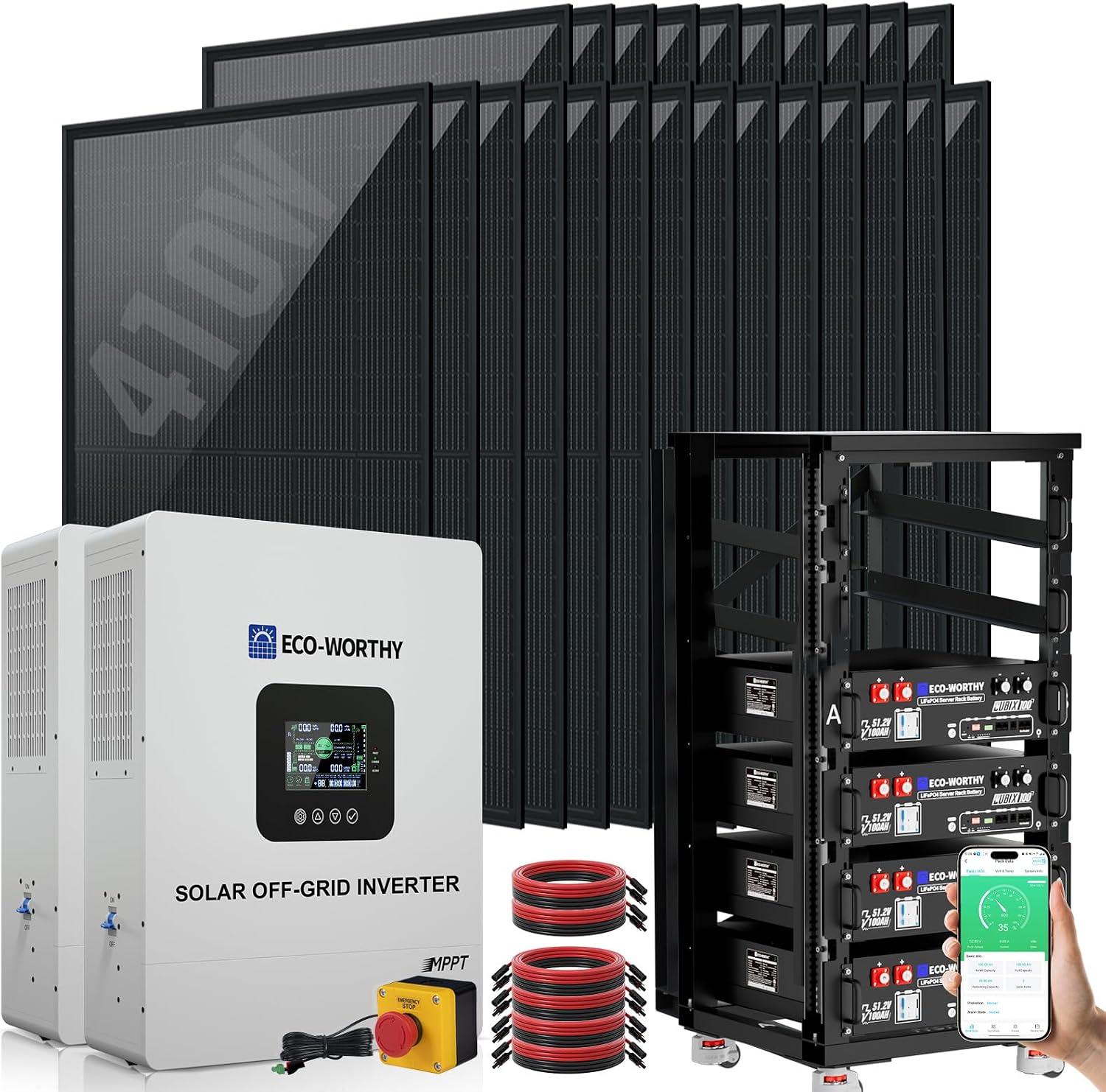 ECO-WORTHY 10000W Complete Off-Grid Solar Panel Kit for Home| 10KW 120V/240V Output Split Phase| 20.48kWh Lithium Battery with Rack| 9840 Watts Solar Panel PV