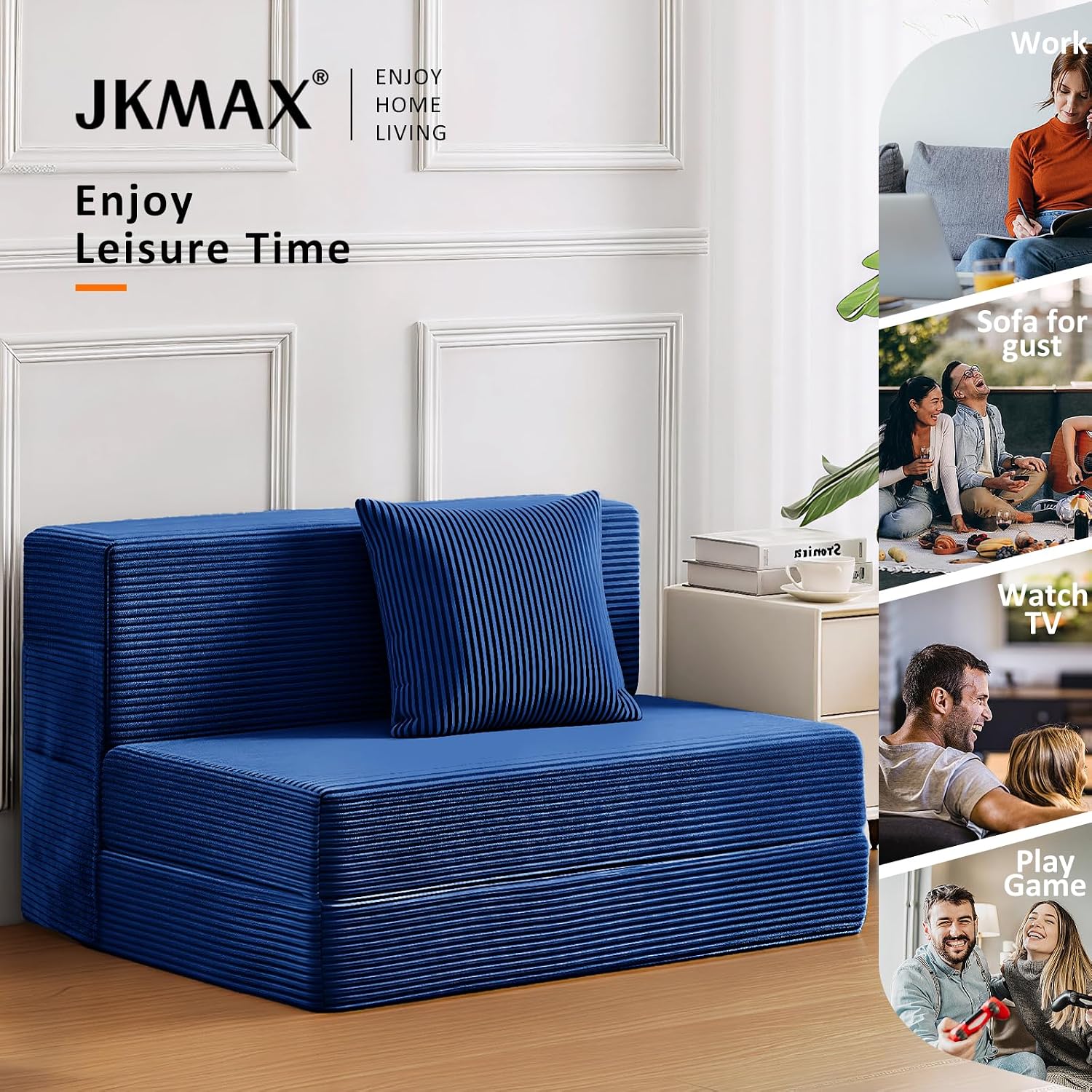 JKMAX Twin Size Folding Sofa Bed - 4 in 1 Convertible Sleeper Chair with Pillow - High Density Memory Foam Futon Couch - Foldable Bed for Living Room Bedroom (Blue)