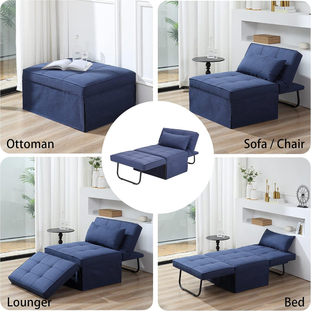 BIGSYY Sofa Bed, Set of 4 in 1 Multi-Function Folding Ottoman Breathable Linen Couch Bed with Adjustable Backrest Modern Convertible Chair for Living Room Apartment Office, Blue