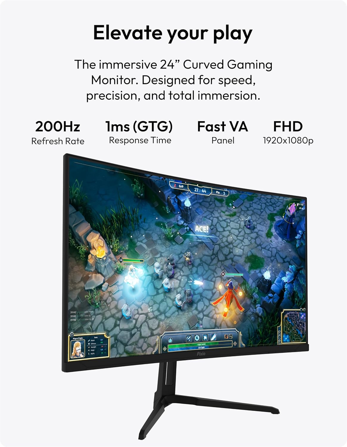 Pixio PXC248WAVE 24 inch 200Hz Refresh Rate FHD 1080p Resolution 1500R Curve Fast VA Panel 1ms GTG Response Time HDR Curved Gaming Monitor and PS1S Wave Black Single Monitor Arm - Fits up to 32 inches