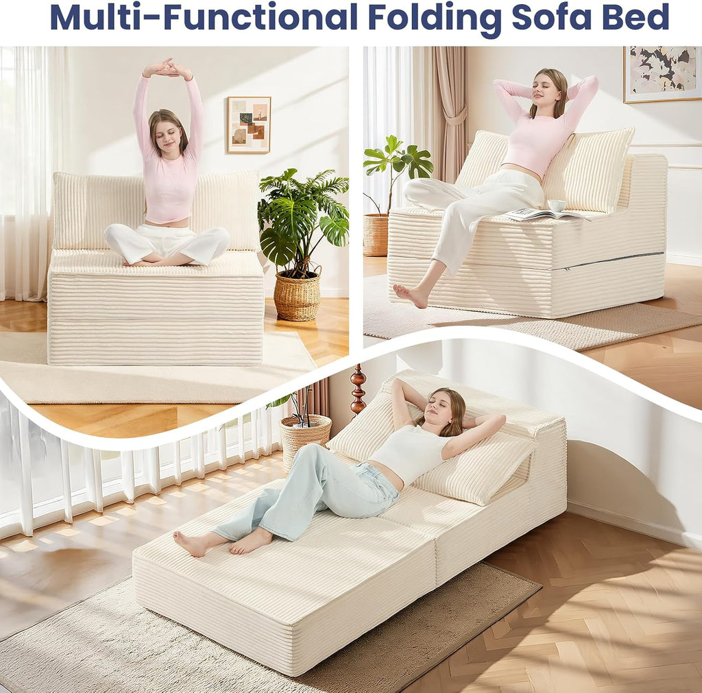 Convertible Sofa Bed, Fold Out Loveseat Sleeper Sofa Chair with Pillow, Folding Sofa Bed with Back Support, Portable Chair Bed Comfy Floor Lounge Sofa for Living Room Bedroom Guest Room, Beige