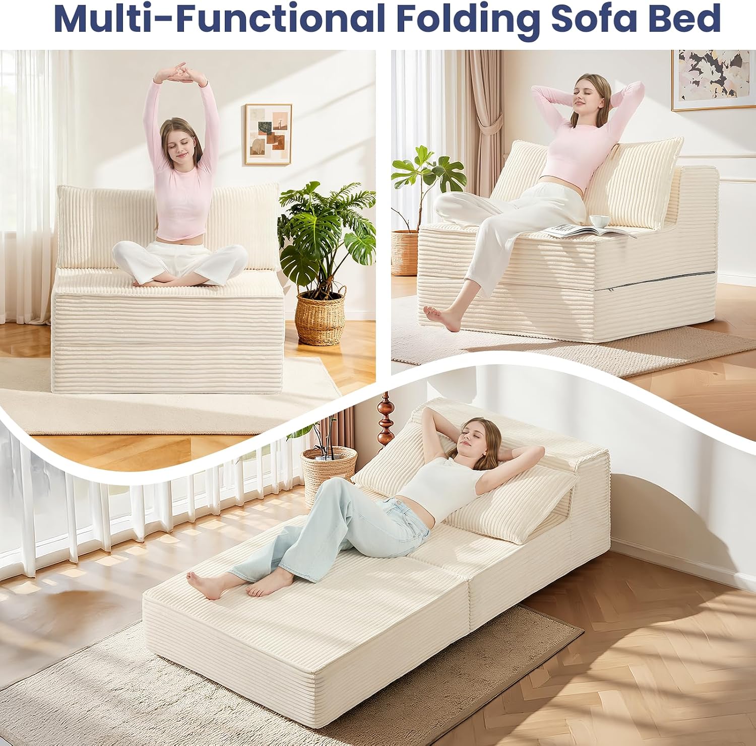 Convertible Sofa Bed, Fold Out Loveseat Sleeper Sofa Chair with Pillow, Folding Sofa Bed with Back Support, Portable Chair Bed Comfy Floor Lounge Sofa for Living Room Bedroom Guest Room, Beige